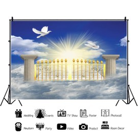 DORCEV 10x8ft Heaven Backdrop Gate of Heaven Paradise Gate Photography Background for Kids Baby Shower Baptism Banner Stairs to Heaven Blue Sky White Clouds Bird of Peace Easter Church Events Props