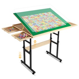 FAHKNS Jigsaw Puzzle Table with Legs, Adjustable Height & 4 Storage Drawers Puzzle Table with Drawers, Kids to Adults Puzzle Board with Locking Wheels, Angle Tilt & Cover, for Family Game Nights