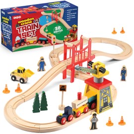Play22 Wooden Train Set Toddler Toys - 38 Pieces Wood Train Track Set for Toddlers 3-4 Years with Crane, Bridge & Accessories