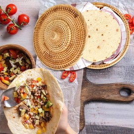 Milkary 10.2 Inches Rattan Tortilla Warmer, Handcrafted Tortilla Basket with Lid, Sustainable Brown Tortilla Holder Come with Cotton Towel Cloth Rustic Mexican Tortilla for Pancake Taco Bread