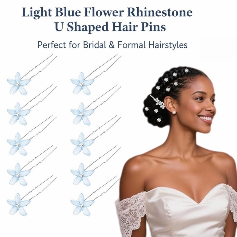 10Pcs Blue Flower Hair Pins,Rhinestone U-Shaped Bridal Hair Accessories