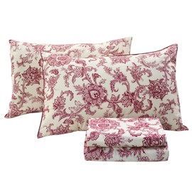 FADFAY Red Floral Bedding Elegant Bed Sheets Set Luxury Bedding Collections 800 Thread Count 100% Egyptian Cotton Deep Pocket Fitted Sheet,4 Piece-California King Size