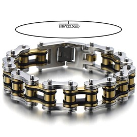 COOLSTEELANDBEYOND Heavy and Study Mens Fancy Bike Chain Bracelet Stainless Steel Silver Gold Black Tri-tone High Polished