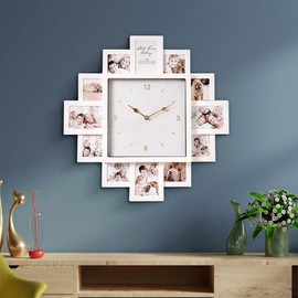 American Art Decor Picture Frame Collage Clock - 12 Photo Display Slots - Wall Mounted Modern Wall Decor - Wall Clock for Living Room, Bedroom, Kitchen, Office (White, 20"x 20")