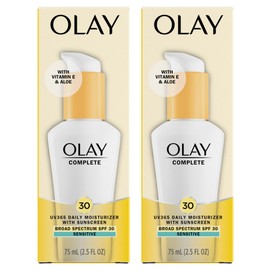 Olay Face Moisturizer, Complete with Sunscreen SPF 30, Fragrance-Free for Sensistive Skin, Broad Spectrum Sun Protection, Long-Lasting Hydration, Non-Comedogenic - Vitamin E & Aloe - 2.5 Oz - 2 Pack