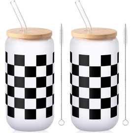 Honeydak 2 Sets Black Checkered Glass Cups Race Car Tumbler Gift Gingham Iced Coffee Cups with Lids and Straws 16 oz Reusable Drinking Glasses Plaid Water Bottle for Racing Party Christmas Birthday