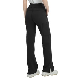 QBK High Rise Yoga Scrub Pants Women - Straight Wide Leg Uniform Pants with Cargo Pocket, Anti-Wrinkle & Knit Yoga Waistband (Regular, Black, L)