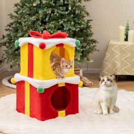 PETSITE Christmas-Themed Gift Box-Shaped Cat House, Stackable 2-Piece Indoor Cat Caves for Kittens, Colorful 2-Story Cat Hideaway Cat Bed for Indoor Cats