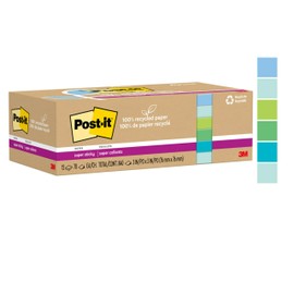 Post-it 100% Recycled Paper Super Sticky Notes, 2X The Sticking Power, 3x3 in, 12 Pads, 70 Sheets/Pad, Oasis Collection (654R-12SST)