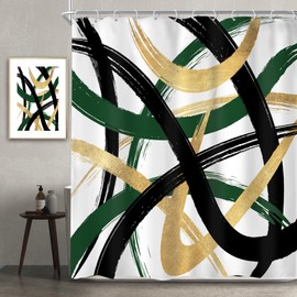 Newsely Black White Gold Abstract Shower Curtain 60Wx72L Inch Modern Teal Green Line Art Minimalist Simple Sketch Cool Unique Contemporary Bathroom Set Waterproof Decoration Accessories Home Decor