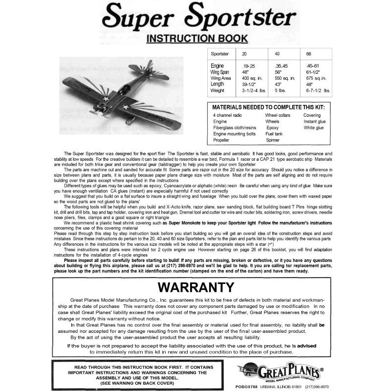 Great Planes Model Airplane Plans (RC): SUPER SPORTSTER 40 56"