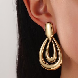 Gold Plated Teardrop Dangle Earrings for Women Irregular Geometric Waterdrop Non Piercing Dangling Earrings Minimalist Statement Jewelry Accessories (Gold)