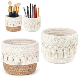 URCHUZE Boho Macrame Pen Holder Set, 2 Pieces, Desk Organiser with Tassels, 12 cm x 10 cm, Beige and Jute