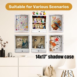 LITAITAI 14X17 Deep Shadow Box with Shelves and Drawer Old White Memory Box Display Case for Collector, Keepsake Coins Military Medals Pins Wedding Flowers (Old White)