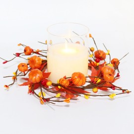 Pumpkin Maple Leaves Candle Ring Small Fall Wreath 9.84” for Pillars Thanksgiving Autumn Harvest Festival Farmhouse Table Decor