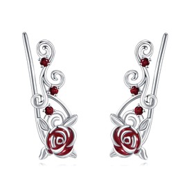 VONALA Red Rose Flower Ear Climbing Earrings Sterling Silver Ear Crawler Earrings for Women Birthday Gifts, Sterling Silver, No Gemstone