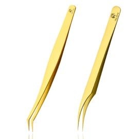 Wishbeauty Lash Tweezers for Eyelash Extensions, Professional Tweezers, Stainless Steel Lash Extension kit, Volume Precision Eyelash Tweezer, 2 Pcs, Gold-plated
