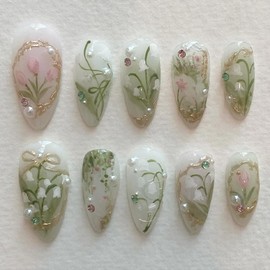 24Pcs Handmade Green Press on Nails Medium Almond Fake Nails 3D Pearl Rhinestones Design Spring Flower Acrylic Nails Gold French Lines False Nails Summer Floral Full Cover Glue on Nails for Women Girl