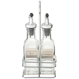 CUISINOX Cruet Oil and Vinegar Bottles Set with Dripless Spouts and Wire Caddy, English Labels - 6 oz. each