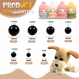 TOAOB 736pcs Sew in Eyes Doll Eyeballs 3mm to 12mm Black Craft Eyes