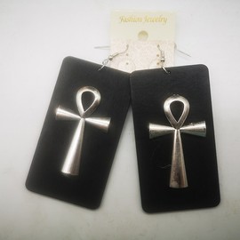 Black wood ankh earrings - large statement earrings