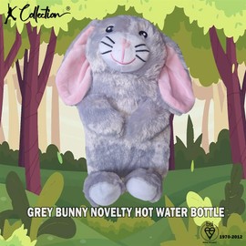 K Collection 3D Novelty Hot Water Bottle with Removable Cover - Grey Bunny Design - Soft Plush Cover - Premium Natural Rubber