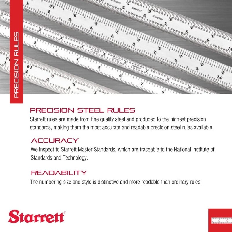 Starrett Full Flexible Steel Rule with Satin Chrome Finish, Quick