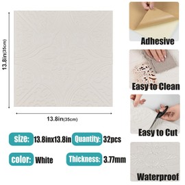 Alow Ceiling Tiles Peel and Stick Waterproof, 32 Pack, Cover 42 Sq.Ft, Foam Self-Adhesive Flower Ceiling Stickers,White (13.8 x 13.8 in)