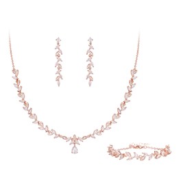 BriLove Wedding Bridal Jewelry for Women Cubic Zirconia Marquise Teardrop Leaf Cluster Y-Necklace Dangle Earrings Link Bracelet Set Clear Rose-Gold-Tone
