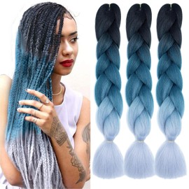Xtrend 24 Inch 3 Packs Ombre 3 Tones Jumbo Braiding Hair Synthetic Ombre Braiding Hair High Temperature Synthetic Crochet Braids Hair Extensions for Women (3 Packs, Black/Blue/Grey#)