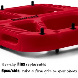 BOWOD Bicycle Pedals Mountain Bike Pedals Adult, Non-Slip MTB Pedals Flat, Light and Large Nylon Fiber Platform Pedals, Grippy Composite Pedals w 12Pins w Cr-Mo Axel, Red Pedals for BMX MTB Bike 9/16"