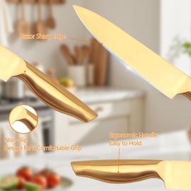 Gold Knife Set with Acrylic Block, 8Pcs Gold Steak Knives set with Holder, Stainless Steel Non Stick Non Rust Chef Kitchen Knife Set (W/Slicing Knife)