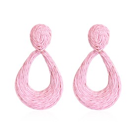 Chanaiqw Teardrop Handmade Statement Raffia Earrings Cute Boho Rattan Dangle Lightweight Straw Wrap Summer Drop Dangling Earrings for Women (Pink)
