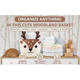 Cute Deer 100% Cotton Rope Baby Laundry Basket for Boys & Girls, Woodland Nursery Decor, Nursery Storage Basket for Essentials like Diapers, Wipes, Towels, Perfect for Baby Shower Gifts, Machine Wash