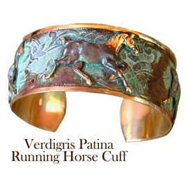 Elaine Coyne Collectible Artwear Verdigris Patina Contemporary Running Horse Cuff Bracelet - USA Made