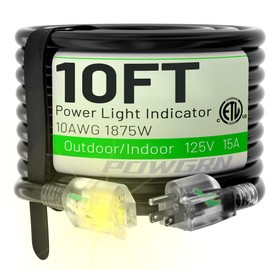 POWGRN 10 Ft 10/3 Black Outdoor Extension Cord Waterproof Heavy Duty 10 Gauge 3 Prong, Flexible Cold-Resistant Power Cord Indoor & Outside with Lighted Indicator End, 15Amp 1875W SJTW ETL Listed