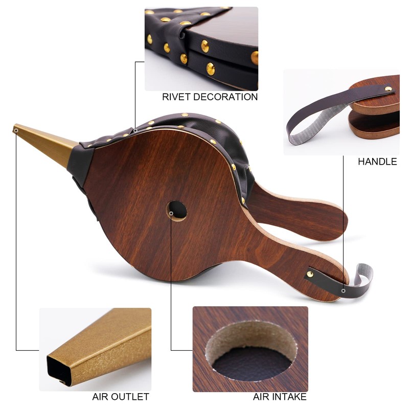 Wood Fireplace Bellows 17''x7.5'' with Hanging Leather Strap, Brown Air