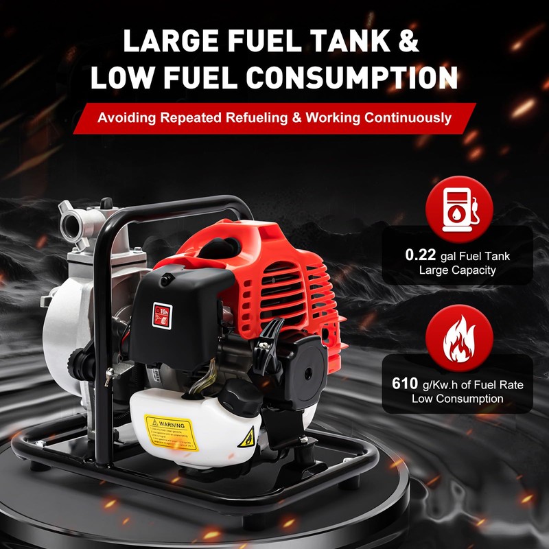 1-Inch Gas-Powered Water Transfer Pump,43CC 2-Stroke Semi-Trash Water Pump,Heavy Duty