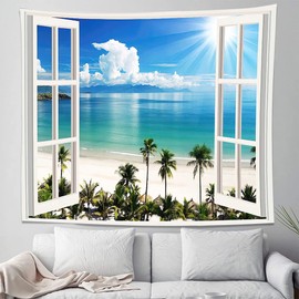 YISUMEI Ocean Beach Tapestry, Hawaii Sea Nature Fake Faux Window Art Tapestries Wall Hanging for Bedroom College Dorm Living Tropical Summer Room Office Decor(M/130x150cm/51x60inch)
