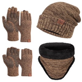 MAYLISACC 4 Pcs Winter Beanie Hat Scarf Glove Set for Men Women Tech Touchscreen Gloves & Fingerless Gloves for Cold Weather Brown