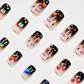 24 Pcs Valentine Glitter Press on Nails Medium Coffin Fake Nails Rainbow Colorful Heart Love Design False Nails Gradient French Tip Valentine's Day Nails Full Cover Acrylic Nails for Women Nail Art