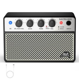 AKLOT Mini Bass Amp Small Bass Guitar Amplifier 10W Portable Recharged Electric Bass Amp BT Speaker with Dual Channel & Aux in Jack (Cream-Colored)