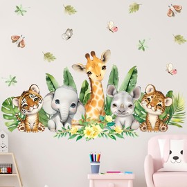 SMAOSTORE Cute Cartoon Animals Forest Animals Giraffe Elephant Tiger Stylish Kids Room Bedroom Kindergarten Living Room Bedroom Jungle Animals Background Wall Stickers Waterproof Removable Wall