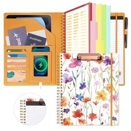 Clipboard with Storage for Men Women, Leather Padfolio Portfolio Organizer 5 Folders with 10 Pockets, Spiral Clipboard Folio with Notepad for Letter Size, Elastic Closure and Pen Loop Flowers