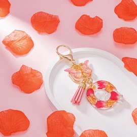 MWOOT Letter Keychain Initial Keyring Letter, Alphabet Resin Letter with Flower Key Chain with Butterfly Tassel Pendant Handbag Charm, Pink Petal Keyring for Women, Pink-Q