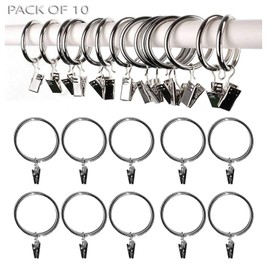 Pack of 10 Metal Curtain Rings with Clips, Pole Rod Voile Net Curtain Drapery Hanging Rings with Hooks (Silver)
