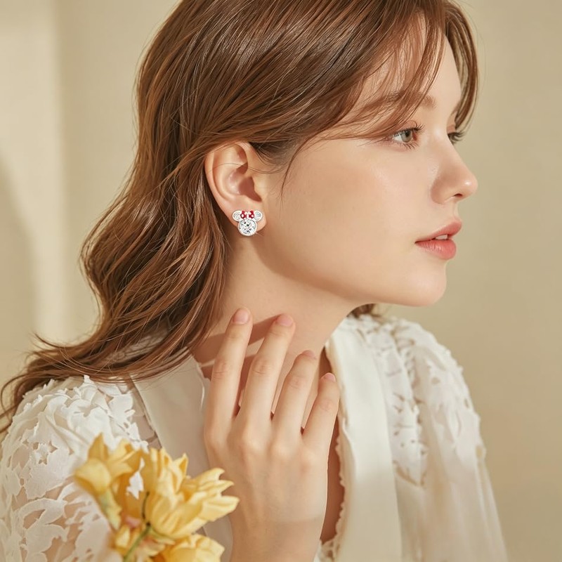 Sterling Silver Mouse Stud Earrings - Sparkling Cubic Zirconia Cute