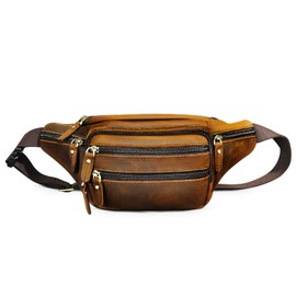 Handadsume Genuine Leather Hiking Riding Travel Fanny Pack Waist Bag Small Phone Bag for Men Women 380, 383 Brown, Classic hip backpack with small chest bag.