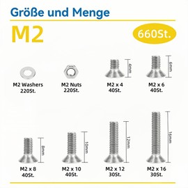 WZHUIDA 630 Piece M3 Screws Set, Stainless Steel Countersunk Screws Metric Hexagon Socket Screws Nuts and Washers Assortment Set, Thread Machines Hex Screws