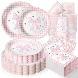Pickmesh 250 Pcs Coquette Birthday Decorations Bow Plates and Napkins Pink Birthday Party Decorations Baby Bridal Shower Dinnerware Set Serve 50 Disposable Tableware for Wedding